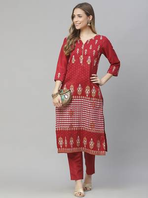 Red printed art silk kurtas-and-kurtis 5
