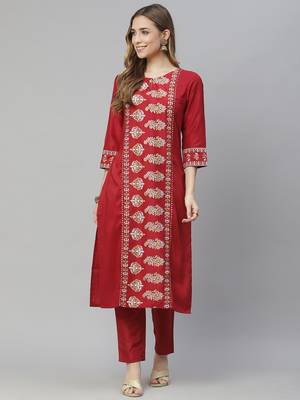 Red printed art silk kurtas-and-kurtis 1