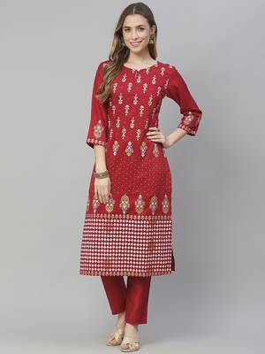 Red printed art silk kurtas-and-kurtis 1