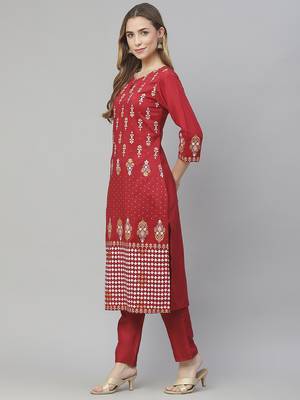 Red printed art silk kurtas-and-kurtis 2