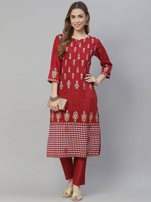 Red printed art silk kurtas-and-kurtis 5