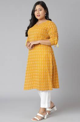 XL LOVE by Janasya Yellow woven cotton ethnic-kurtis

 2