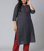 XL LOVE by Janasya Navy-blue printed cotton cotton-kurtis
