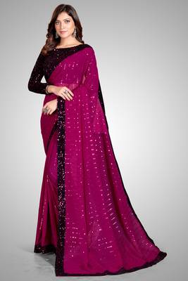 Purple Sequined Embroidered Georgette Fancy Saree with Blouse Piece 1