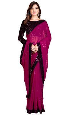 Purple Sequined Embroidered Georgette Fancy Saree with Blouse Piece 3