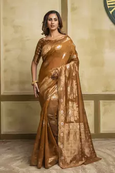 Tan Woven Cotton Saree With Blouse