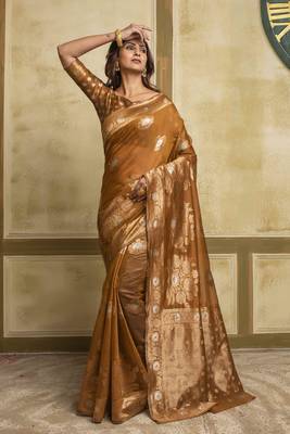 Tan Woven Cotton Saree With Blouse 2