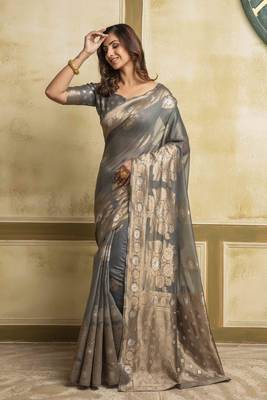 Grey woven cotton saree with blouse 1