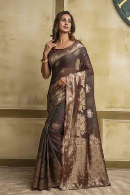 Brown woven cotton saree with blouse 1