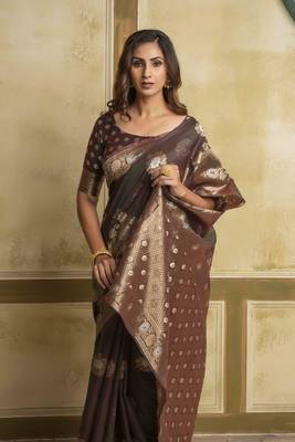 Brown woven cotton saree with blouse 3