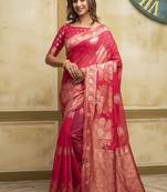 Rani pink woven cotton saree with blouse