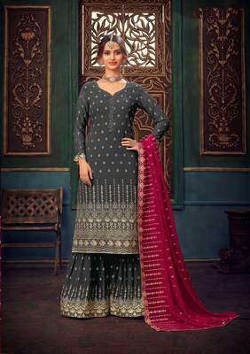 Dark-grey embroidered pure georgette salwar 1