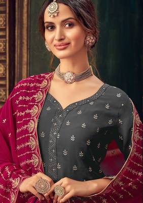 Dark-grey embroidered pure georgette salwar 3