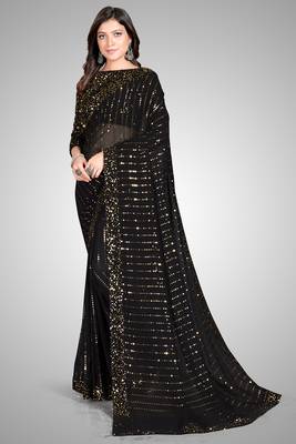 Black Sequined Embroidered Georgette Fancy Saree with Blouse Piece 1