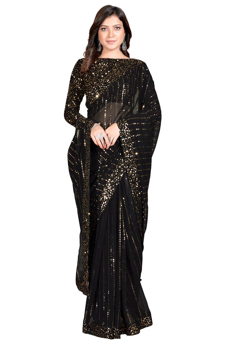 Black Sequined Embroidered Georgette Fancy Saree with Blouse Piece