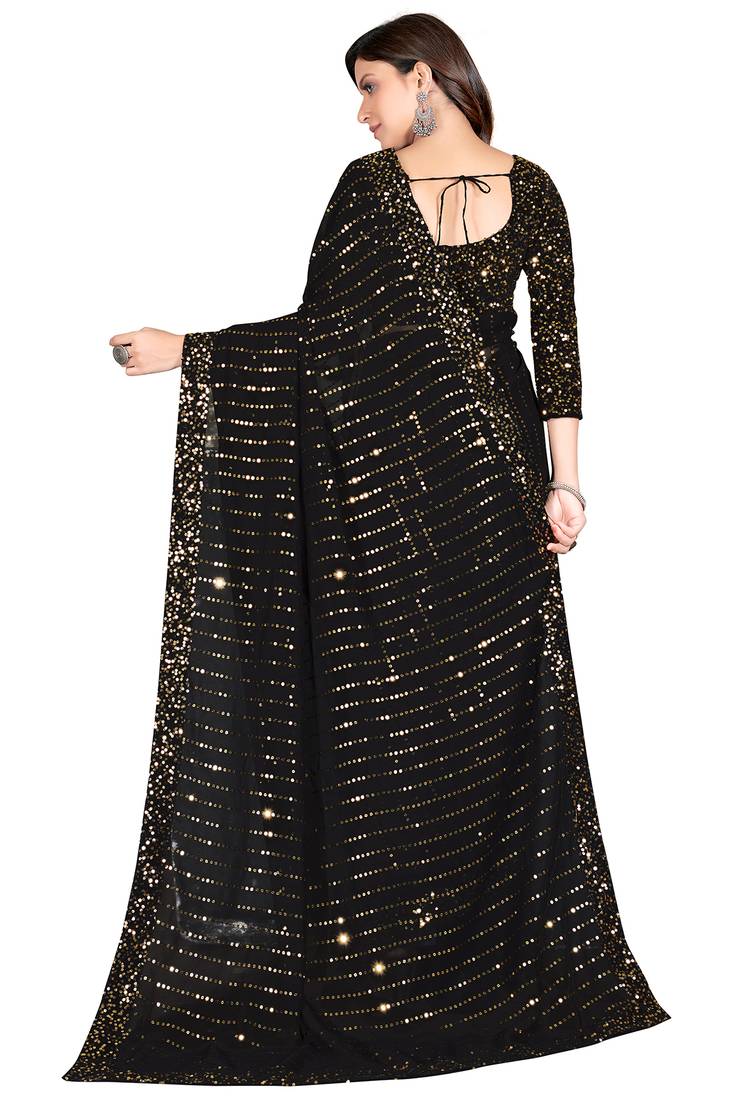 Black Sequined Embroidered Georgette Fancy Saree with Blouse Piece