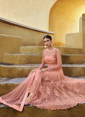Salmon embroidered net salwar 2