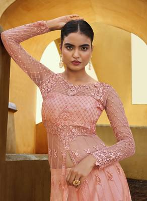 Salmon embroidered net salwar 3