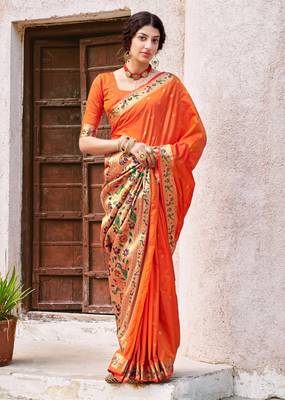 Orange woven banarasi silk saree with blouse 1