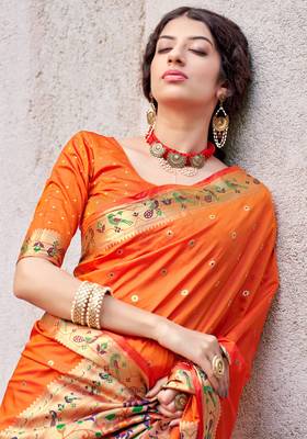 Orange woven banarasi silk saree with blouse 2