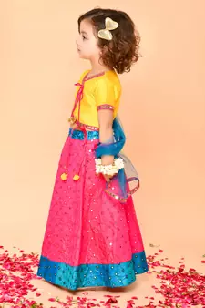 Saka Designs Yellow & Magenta Lehenga Choli With Dupatta