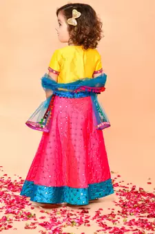 Saka Designs Yellow & Magenta Lehenga Choli With Dupatta