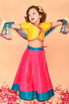 Saka Designs Yellow & Magenta Lehenga Choli With Dupatta