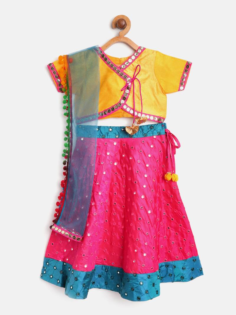 Saka Designs Yellow & Magenta Lehenga Choli With Dupatta