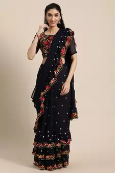 Kimisha Women's Navy Blue Georgette Embroidered & Sequence Work Saree With Unstitched Blouse Piece