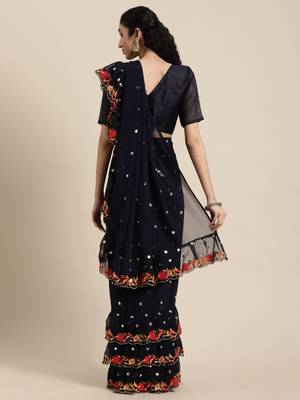 Kimisha Women's Navy Blue Georgette Embroidered & Sequence Work Saree With Unstitched Blouse Piece 2