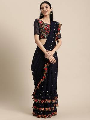 Kimisha Women's Navy Blue Georgette Embroidered & Sequence Work Saree With Unstitched Blouse Piece 3
