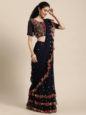 Kimisha Women's Navy Blue Georgette Embroidered & Sequence Work Saree With Unstitched Blouse Piece 4
