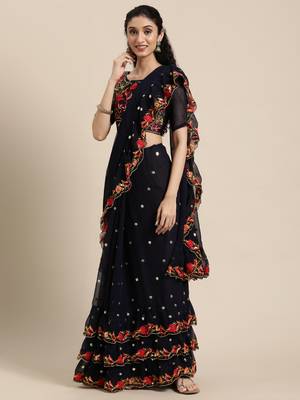 Kimisha Women's Navy Blue Georgette Embroidered & Sequence Work Saree With Unstitched Blouse Piece 5