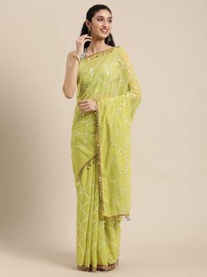 Kimisha Women's Lime Green Geogette Embroidered & Mirror Work Saree With Sequence Blouse Piece 1