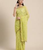 Kimisha Women's Lime Green Geogette Embroidered & Mirror Work Saree With Sequence Blouse Piece