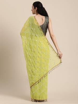 Kimisha Women's Lime Green Geogette Embroidered & Mirror Work Saree With Sequence Blouse Piece 2
