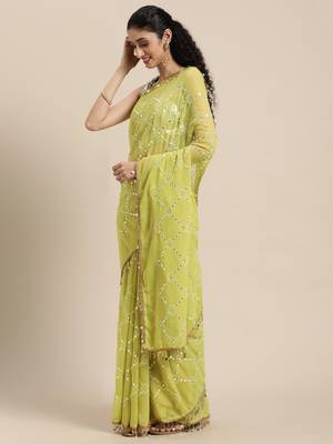 Kimisha Women's Lime Green Geogette Embroidered & Mirror Work Saree With Sequence Blouse Piece 3