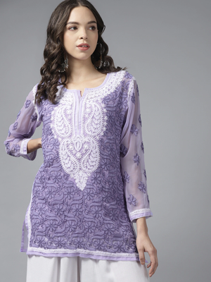 Ada Hand Embroidered Mauve Georgette Lucknow Chikan Kurti with Slip 7