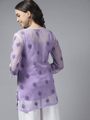 Ada Hand Embroidered Mauve Georgette Lucknow Chikan Kurti with Slip 8