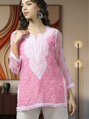 Hand Embroidered Pink Georgette Lucknowi Chikankari Indian Women Kurti With Slip 1
