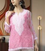 Hand Embroidered Pink Georgette Lucknowi Chikankari Indian Women Kurti With Slip
