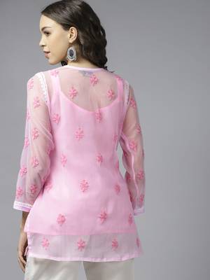 Hand Embroidered Pink Georgette Lucknowi Chikankari Indian Women Kurti With Slip 2