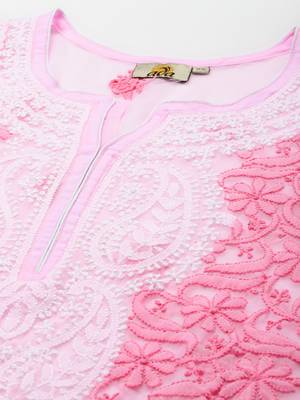 Hand Embroidered Pink Georgette Lucknowi Chikankari Indian Women Kurti With Slip 4