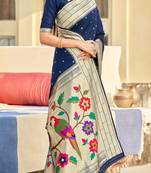 navy blue woven banarasi silk saree with blouse