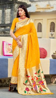 Yellow woven banarasi silk saree with blouse 1