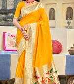 Yellow woven banarasi silk saree with blouse