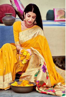 Yellow woven banarasi silk saree with blouse 2