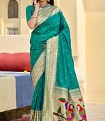 Turquoise woven banarasi silk saree with blouse