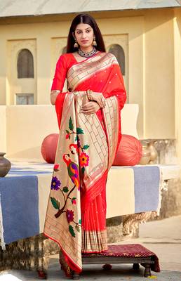 scarlet red woven banarasi silk saree with blouse 1
