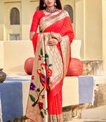 scarlet red woven banarasi silk saree with blouse